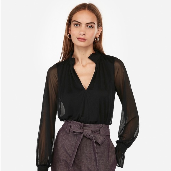 Express Tops - Smocked Collar V-Neck Top